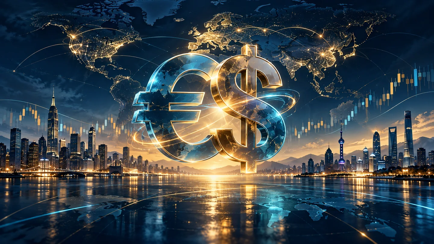 Illustration einer Weltkarte mit Währungssymbolen und Devisenkursen