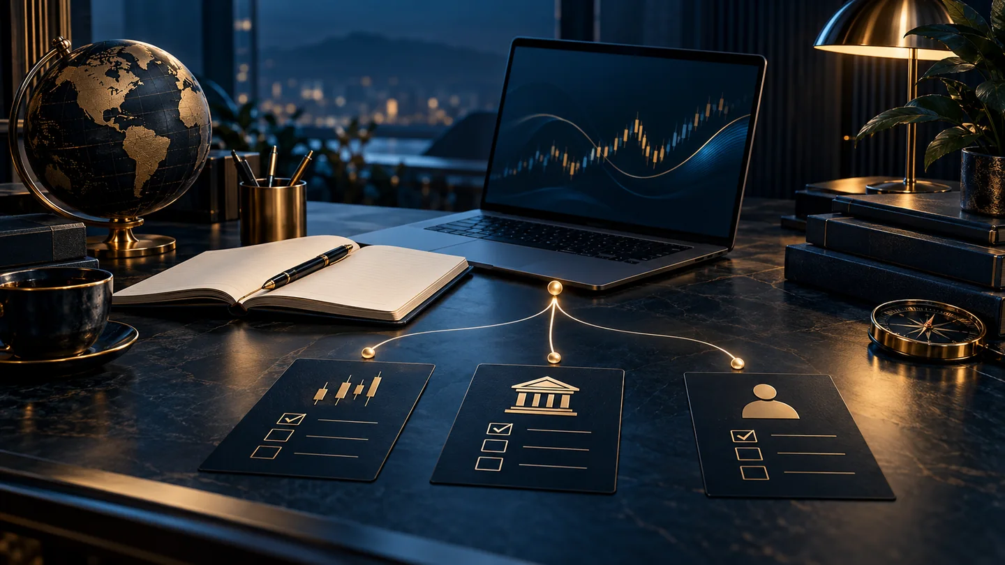 Trading-Arbeitsplatz mit Checklisten für Orderarten, Broker und Konto