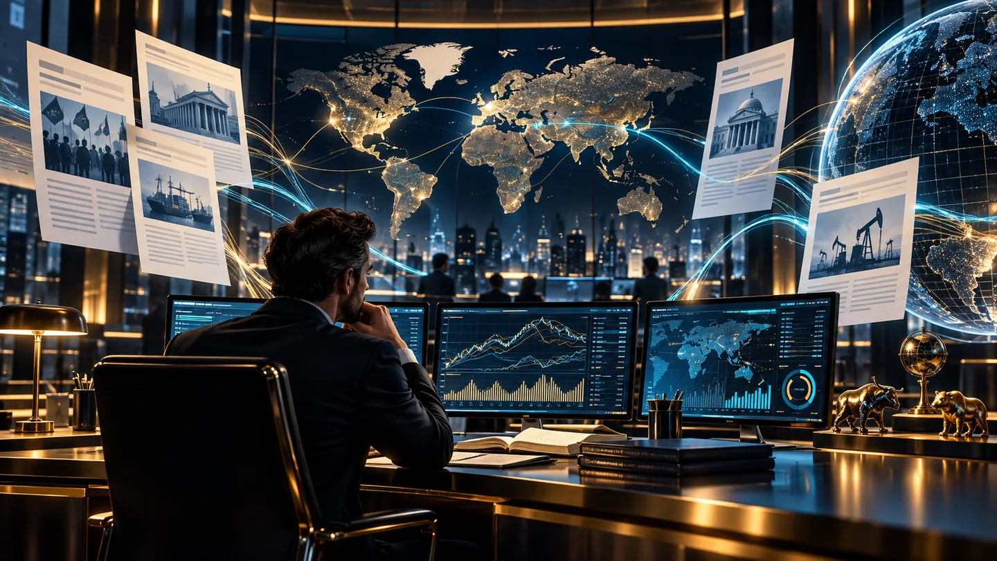 Globale Nachrichten und Daten fließen in eine Devisenmarktanalyse ein